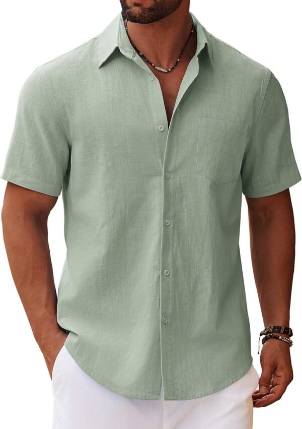 Men's Button Down Short Sleeve Shirt Casual Cotton Summer Beach Linen Wedding Shirts with Pocket