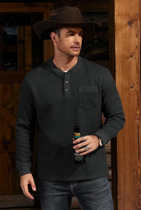 Mens Waffle Fleece-Lined Henley Shirts Heavyweight Thermal Long Sleeve Casual Solid Pullover (S-XXL)