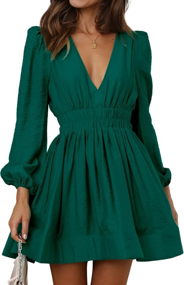 Mini Deep V Sexy Long Sleeve Dress for Women A-line High Waisted Casual Flowy Dress for Cocktail Wedding Guest
