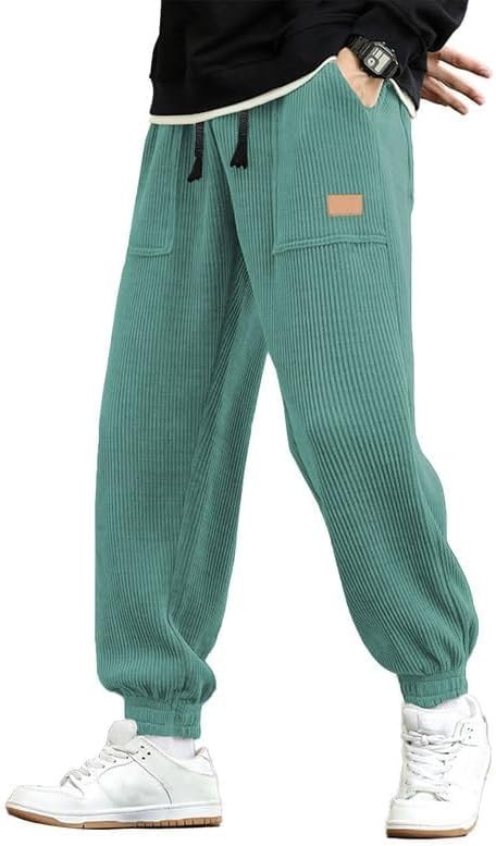 519561c54862481cb3b1c03a0f700902 Mens Corduroy Joggers Pants Casual Cargo Pants Drawstring Elastic Waist Baggy Tapered Sweatpants with Pockets
