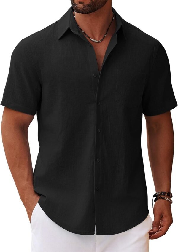 Men's Button Down Short Sleeve Shirt Casual Cotton Summer Beach Linen Wedding Shirts with Pocket