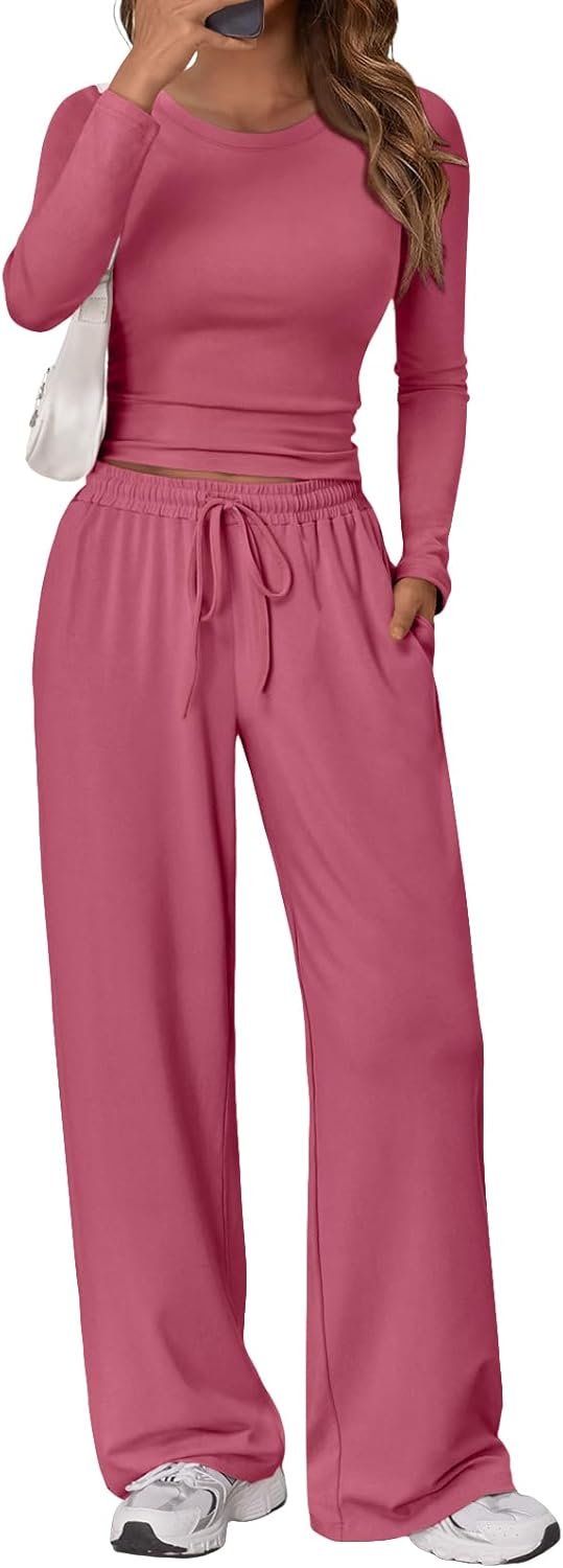 Women's 2 Piece Matching Lounge Set Long Sleeve Slightly Crop Top Wide Leg Pants Casual Sweatsuit