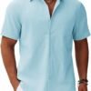 Men's Button Down Short Sleeve Shirt Casual Cotton Summer Beach Linen Wedding Shirts with Pocket