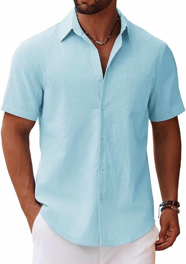 Men's Button Down Short Sleeve Shirt Casual Cotton Summer Beach Linen Wedding Shirts with Pocket