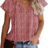 Women's Casual Floral Print V Neck Ruffle Short Sleeve Summer Shirts Tops Loose Blouses