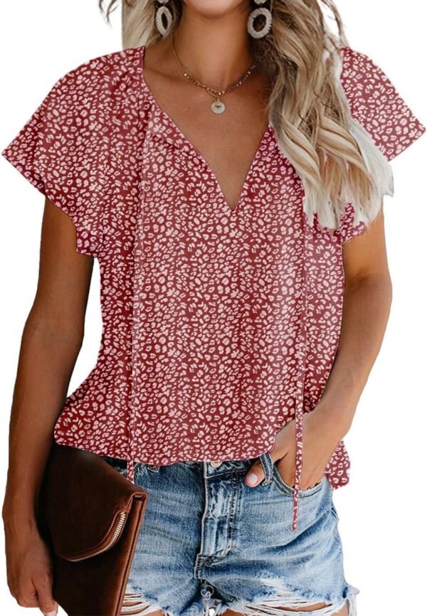 Women's Casual Floral Print V Neck Ruffle Short Sleeve Summer Shirts Tops Loose Blouses