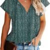 Women's Casual Floral Print V Neck Ruffle Short Sleeve Summer Shirts Tops Loose Blouses
