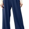 Women's Wide Leg Pants Elastic High Waisted Waffle Knit Casual Palazzo Pants Trousers with Pockets