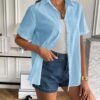 Women Linen Button Down Shirt Rolled Cuffed Short Sleeve Blouse Ladies Summer Casual V Neck Beach Cotton Tops