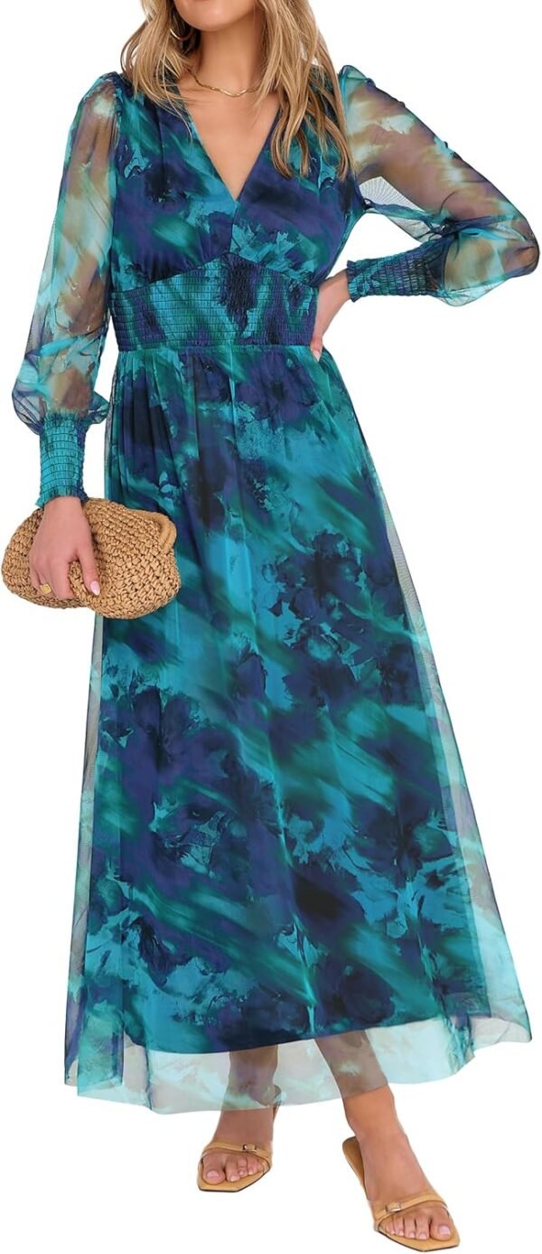 Women's Floral Maxi Dress 2025 Fall V Neck Puff Long Sleeve Flowy Casual Wedding Guest Tee Party Tulle Dresses