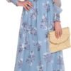 Women's Floral Maxi Dress 2025 Fall V Neck Puff Long Sleeve Flowy Casual Wedding Guest Tee Party Tulle Dresses