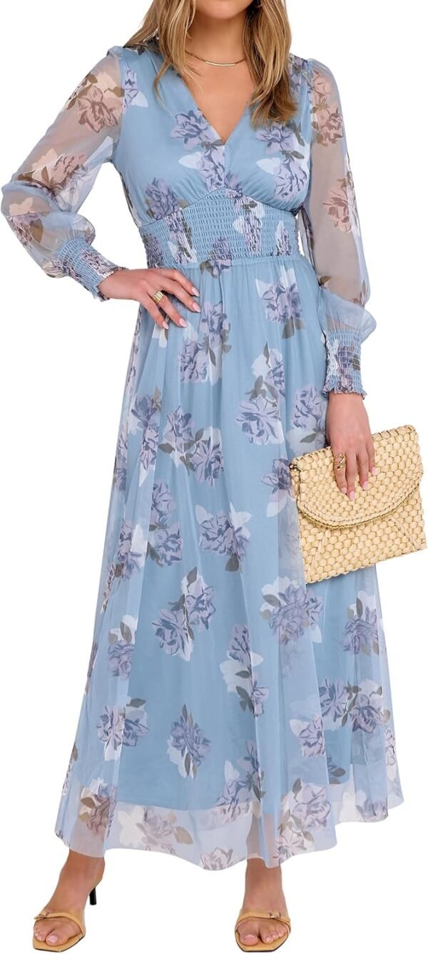 Women's Floral Maxi Dress 2025 Fall V Neck Puff Long Sleeve Flowy Casual Wedding Guest Tee Party Tulle Dresses