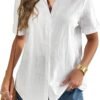 Women Linen Button Down Shirt Rolled Cuffed Short Sleeve Blouse Ladies Summer Casual V Neck Beach Cotton Tops