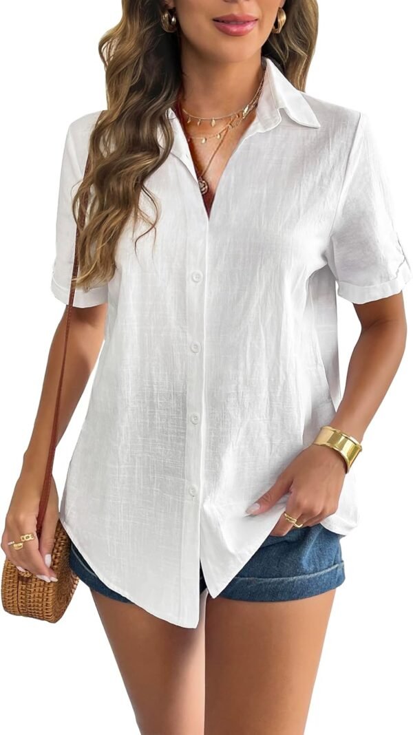 Women Linen Button Down Shirt Rolled Cuffed Short Sleeve Blouse Ladies Summer Casual V Neck Beach Cotton Tops