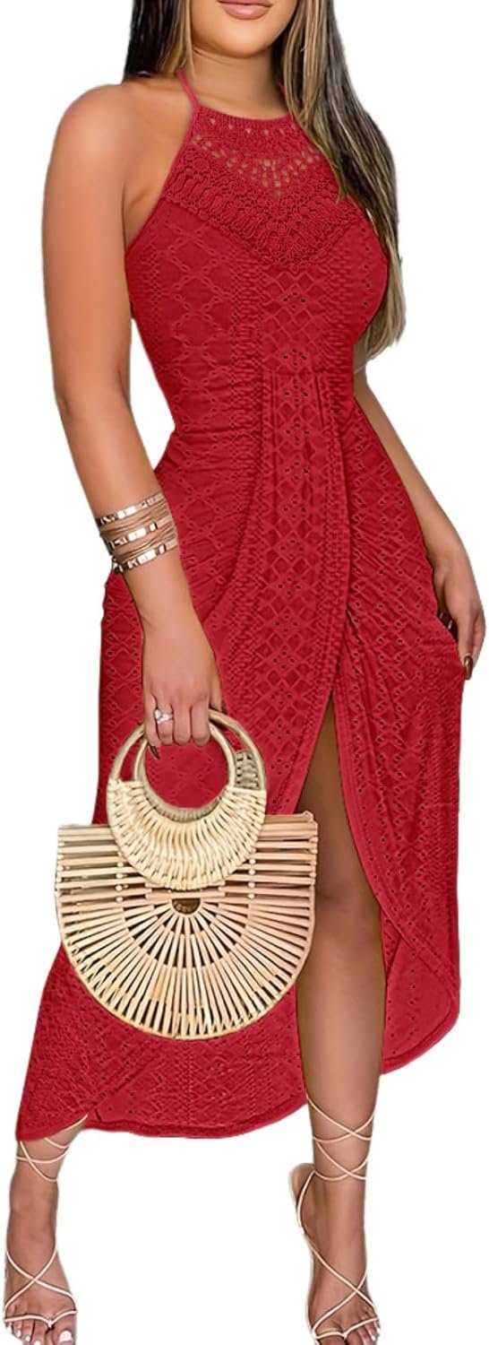 Womens Summer Halter Dress Hollow Out A Line Vacation Dresses with Eyelet Embroidery & Side Slit