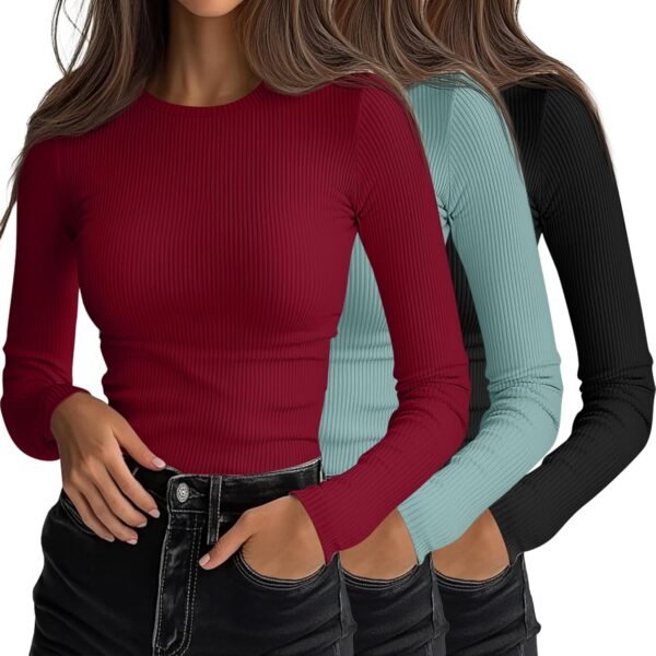 3 Pack Women's Ribbed Long Sleeve Tops. Crew Neck Slim Fit Undershirts Knit Basic Casual Stretch Layering Tee Shirts