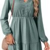 Fall Dresses for Women 2025 Elegant Lace Hollow Out Embroidered V Neck Long Sleeve Casual A-Line Swing Mini Dress