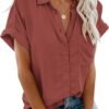Womens Button Down Shirts Short Sleeve Linen Style Cotton Collared Button Up Casual Blouses Oversized Tops with Pocket