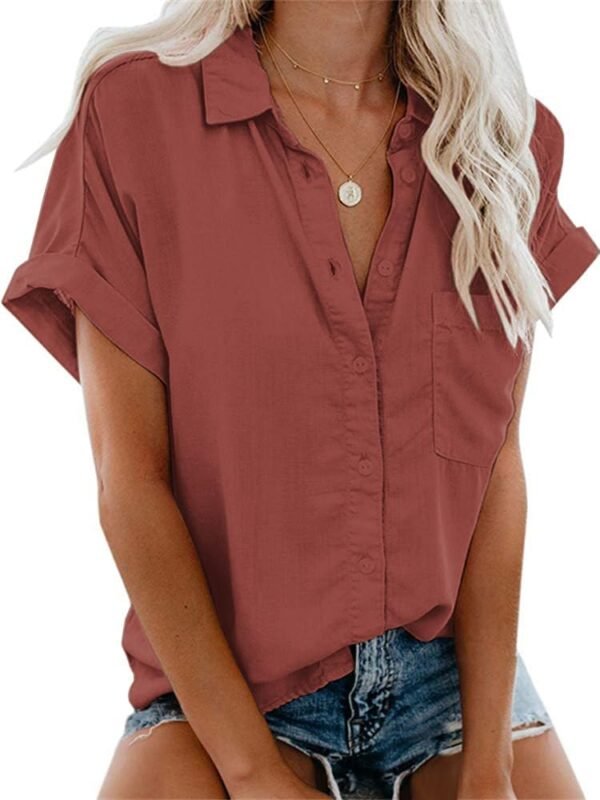 Womens Button Down Shirts Short Sleeve Linen Style Cotton Collared Button Up Casual Blouses Oversized Tops with Pocket