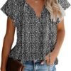 Women's Casual Floral Print V Neck Ruffle Short Sleeve Summer Shirts Tops Loose Blouses