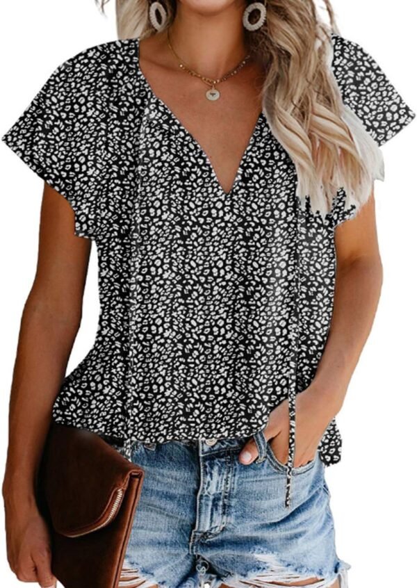 Women's Casual Floral Print V Neck Ruffle Short Sleeve Summer Shirts Tops Loose Blouses