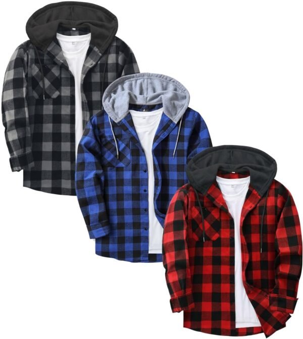 3 Pack Men's Flannel Hoodie Shirts Long Sleeve Casual Vintage Button Down Plaid Shirt Jacket with Pocket