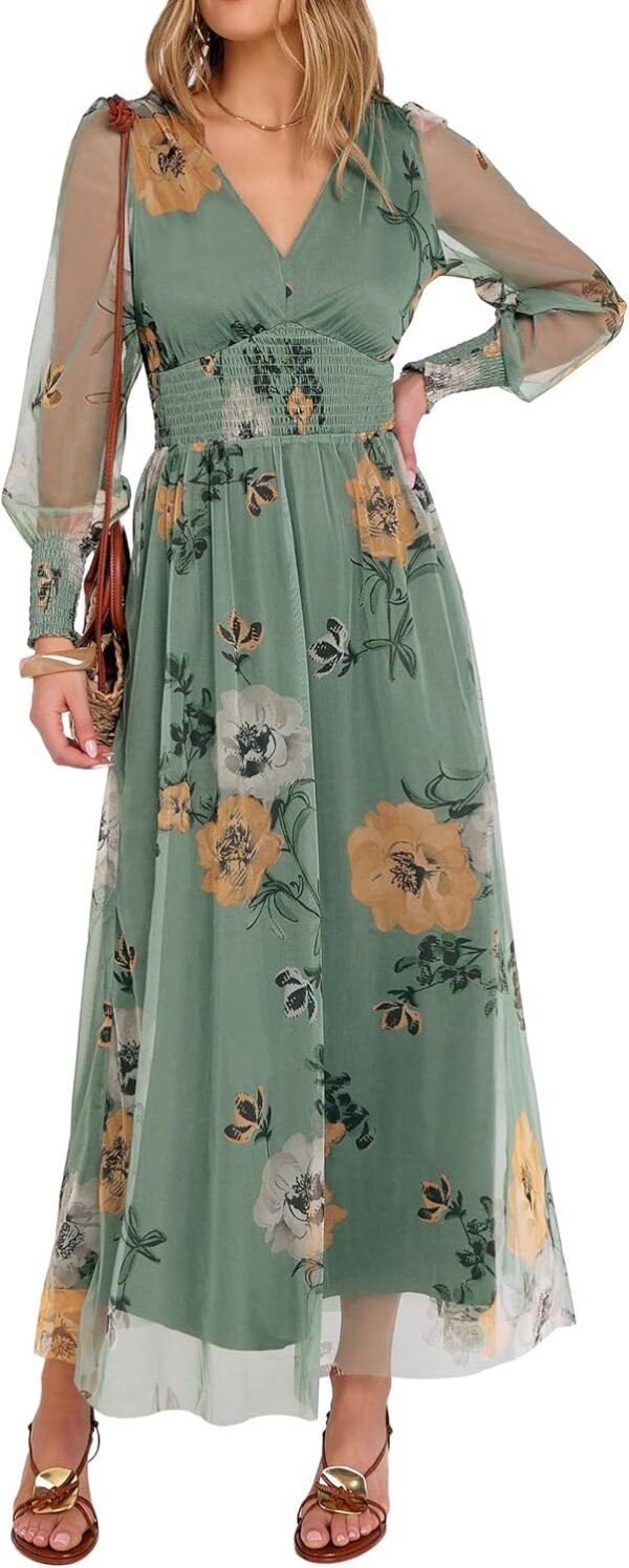 Women's Floral Maxi Dress 2025 Fall V Neck Puff Long Sleeve Flowy Casual Wedding Guest Tee Party Tulle Dresses