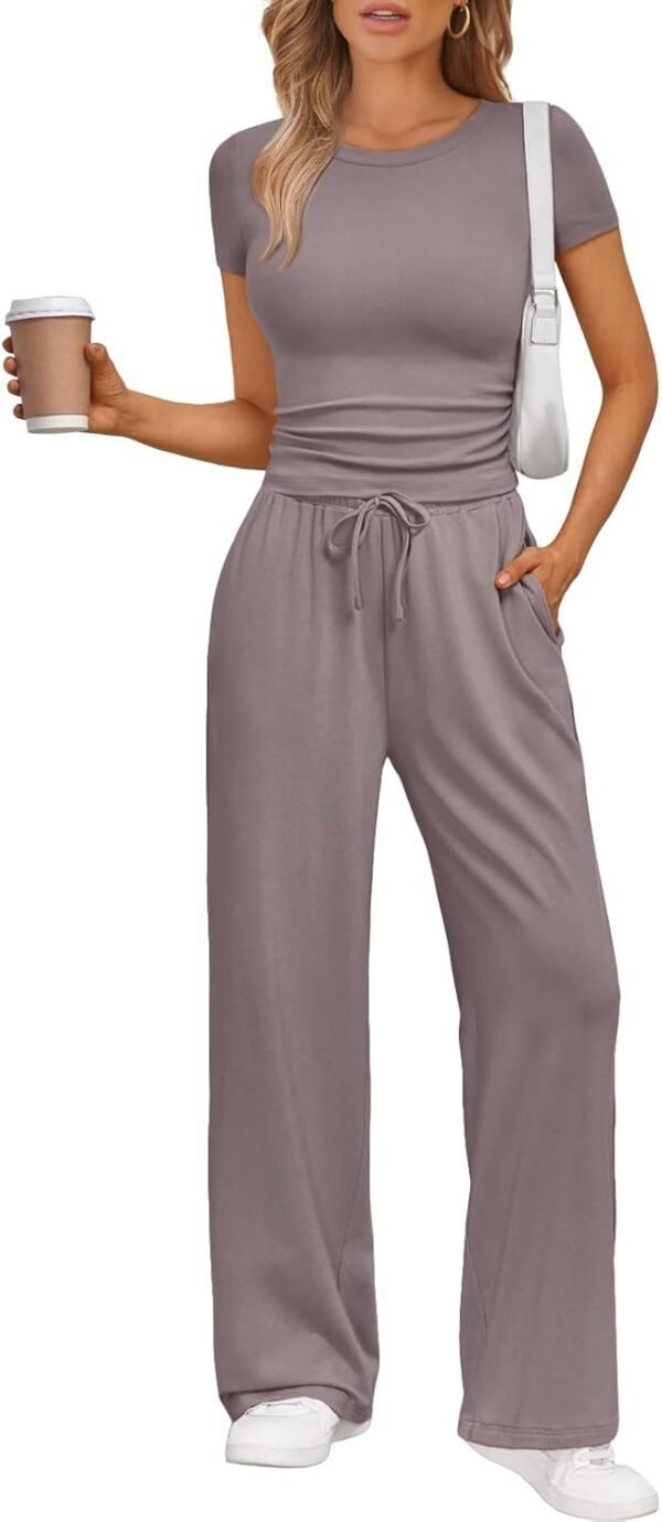 2 Piece Matching Summer Sweatsuit Lounge Set Womens Wide Leg Pants Side Ruching Crop Top Sets
