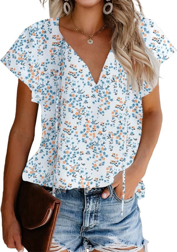 Women's Casual Floral Print V Neck Ruffle Short Sleeve Summer Shirts Tops Loose Blouses