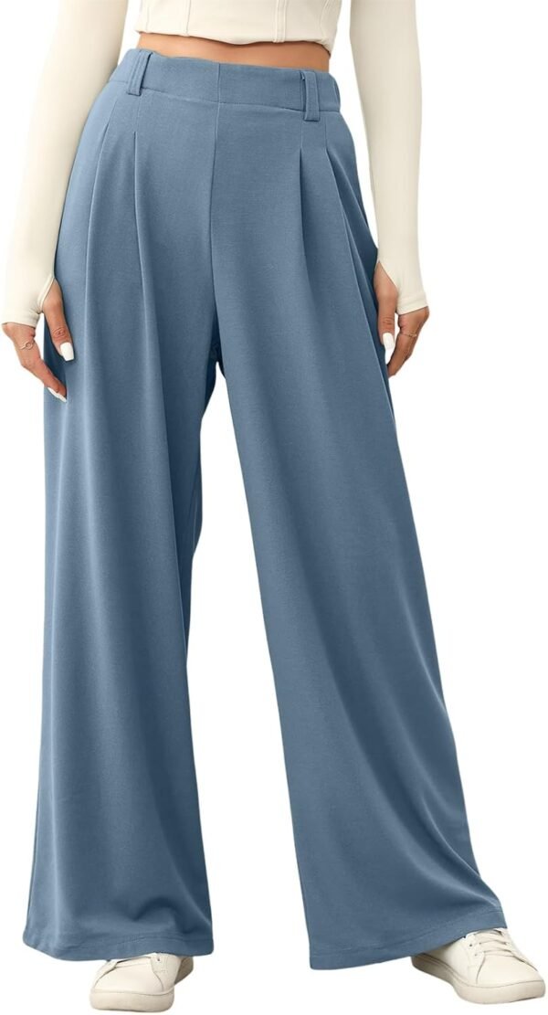 Women's Wide Leg Pants Elastic High Waisted Waffle Knit Casual Palazzo Pants Trousers with Pockets