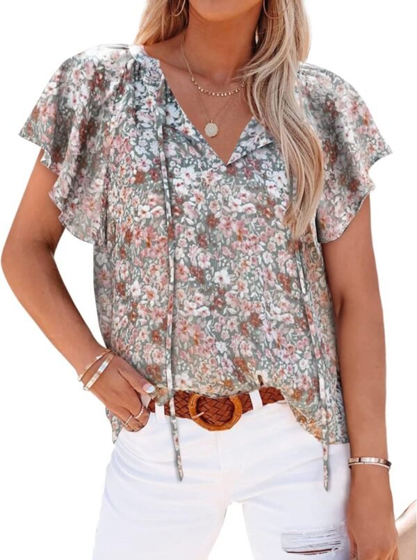 Women's Casual Floral Print V Neck Ruffle Short Sleeve Summer Shirts Tops Loose Blouses