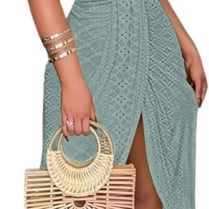 Womens Summer Halter Dress Hollow Out A Line Vacation Dresses with Eyelet Embroidery & Side Slit