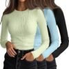 3 Pack Women's Ribbed Long Sleeve Tops. Crew Neck Slim Fit Undershirts Knit Basic Casual Stretch Layering Tee Shirts