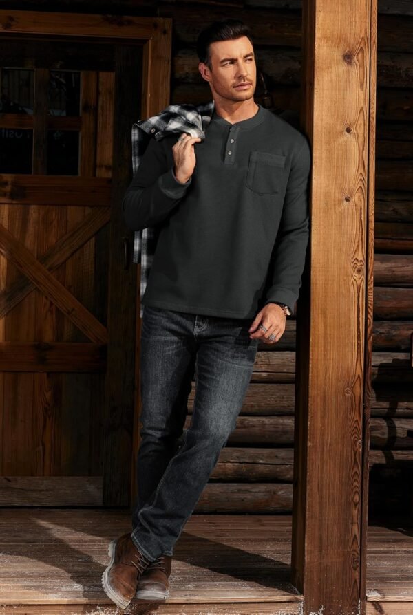 Mens Waffle Fleece-Lined Henley Shirts Heavyweight Thermal Long Sleeve Casual Solid Pullover (S-XXL)