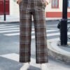 Plaid Pants for Women Wide Leg High Waisted Tartan Work Business Casual Elastic Waist Trousers Pants with Pocket