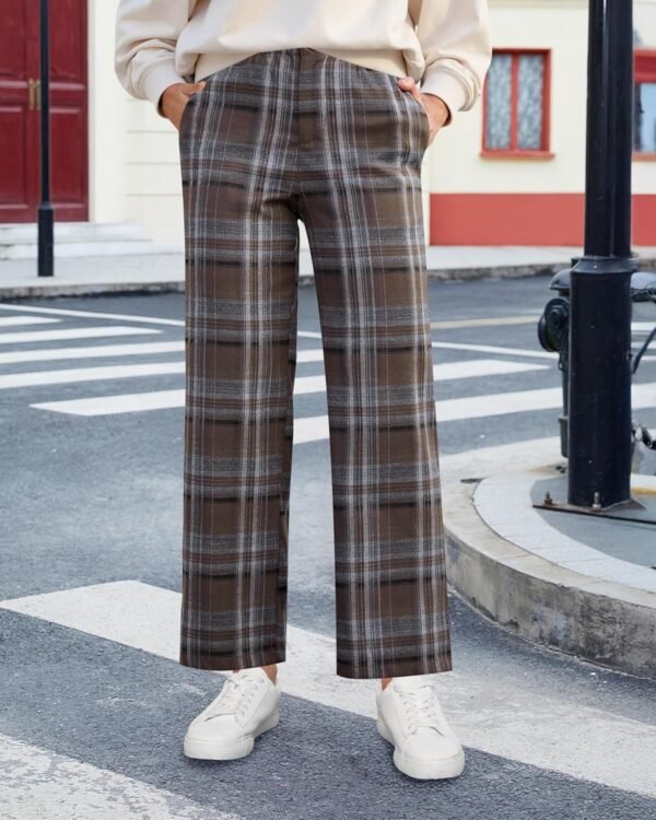 Plaid Pants for Women Wide Leg High Waisted Tartan Work Business Casual Elastic Waist Trousers Pants with Pocket