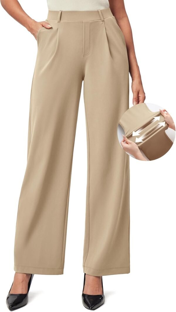 Womens Dress Pants Wide Leg Pull On Stretchy Work Pants Women High Waisted Business Casual Trousers with Pockets