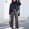 Plaid Pants for Women Wide Leg High Waisted Tartan Work Business Casual Elastic Waist Trousers Pants with Pocket