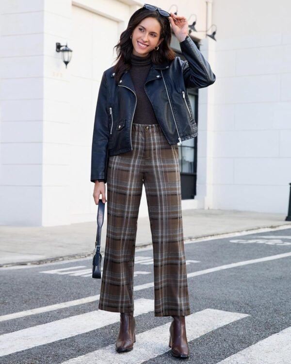 Plaid Pants for Women Wide Leg High Waisted Tartan Work Business Casual Elastic Waist Trousers Pants with Pocket