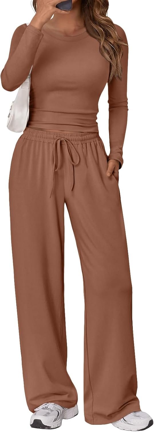 Women's 2 Piece Matching Lounge Set Long Sleeve Slightly Crop Top Wide Leg Pants Casual Sweatsuit