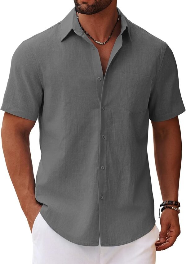 Men's Button Down Short Sleeve Shirt Casual Cotton Summer Beach Linen Wedding Shirts with Pocket