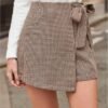 Women's Houndstooth Print Tie Front Skorts Asymmetrical Hem High Waist Skirt Shorts