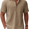 Men's Button Down Short Sleeve Shirt Casual Cotton Summer Beach Linen Wedding Shirts with Pocket