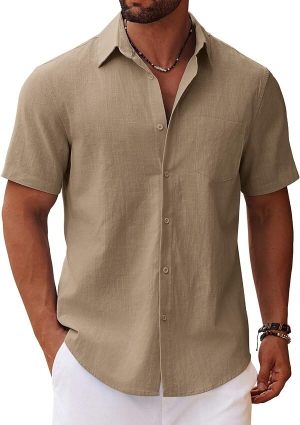 Men's Button Down Short Sleeve Shirt Casual Cotton Summer Beach Linen Wedding Shirts with Pocket