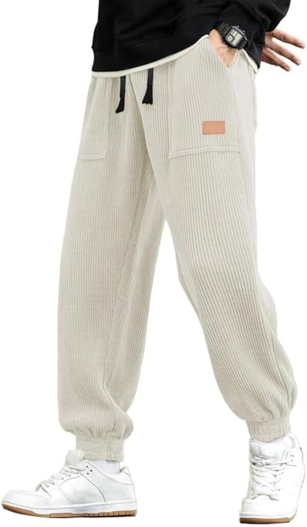 7952cccb453742fe8af74c215c0951f6 Mens Corduroy Joggers Pants Casual Cargo Pants Drawstring Elastic Waist Baggy Tapered Sweatpants with Pockets