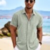 Men's Linen Shirts Short Sleeve Casual Shirts Button Down Shirt for Men Beach Summer Wedding Shirt