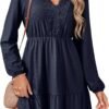 Fall Dresses for Women 2025 Elegant Lace Hollow Out Embroidered V Neck Long Sleeve Casual A-Line Swing Mini Dress