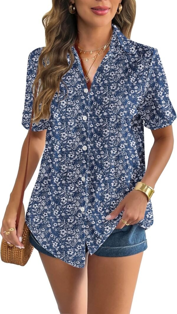 Women Linen Button Down Shirt Rolled Cuffed Short Sleeve Blouse Ladies Summer Casual V Neck Beach Cotton Tops