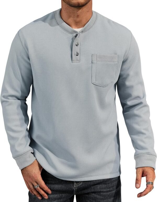 Mens Waffle Fleece-Lined Henley Shirts Heavyweight Thermal Long Sleeve Casual Solid Pullover (S-XXL)