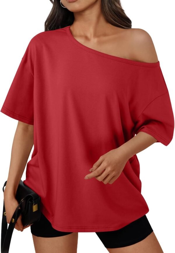 Womens Off The Shoulder Tops Oversized T-Shirts Short Sleeve Tees Summer 2025 Casual Spring Fashion Clothes